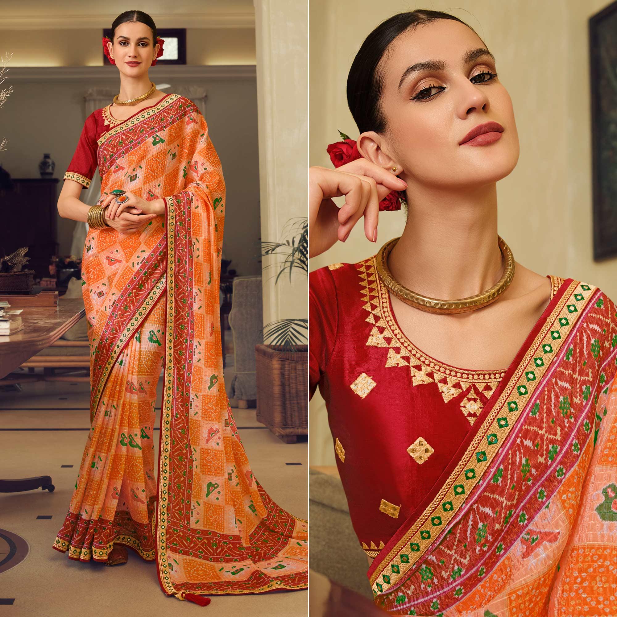 Orange Printed With Embellished Chiffon Saree With Tassels - Peachmode