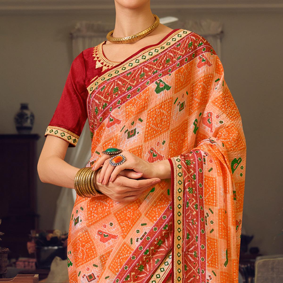 Orange Printed With Embellished Chiffon Saree With Tassels - Peachmode