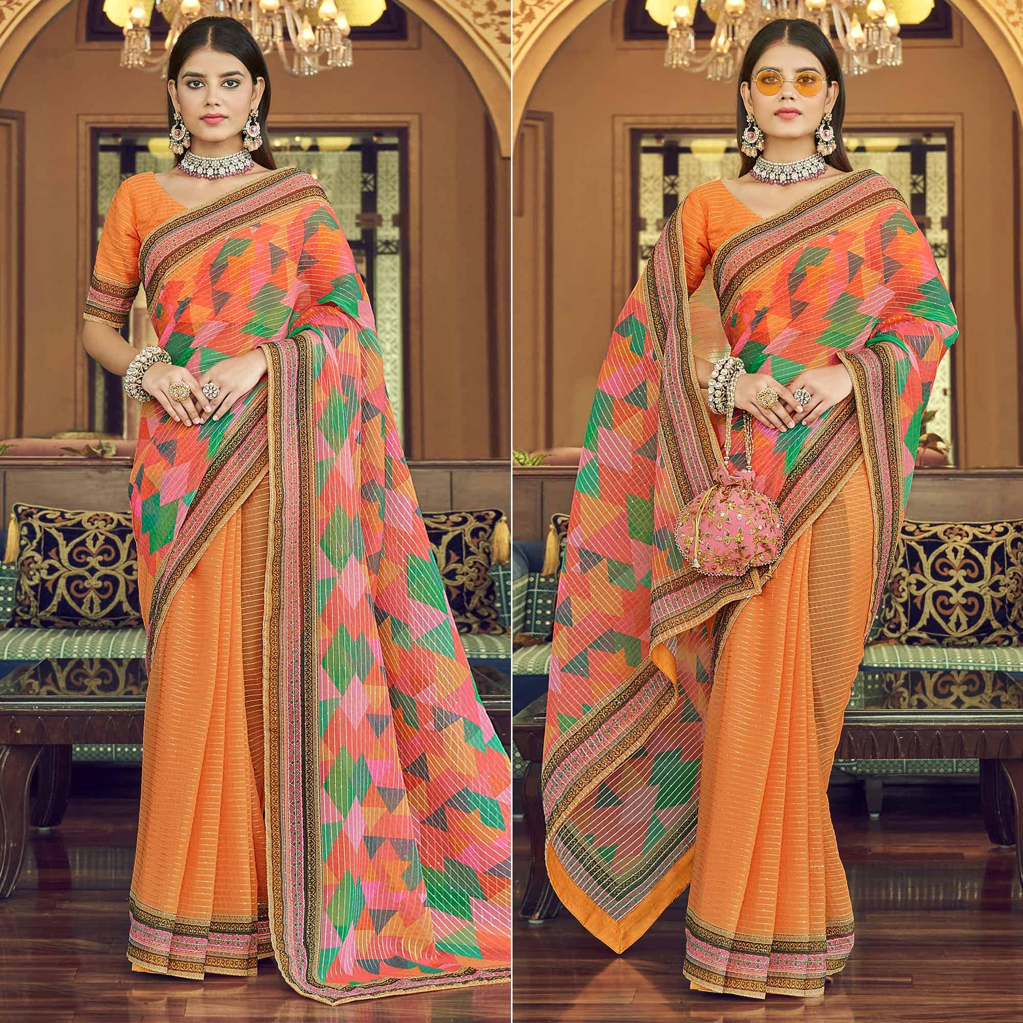 Orange Printed With Embellished Georgette Half and Half Saree - Peachmode