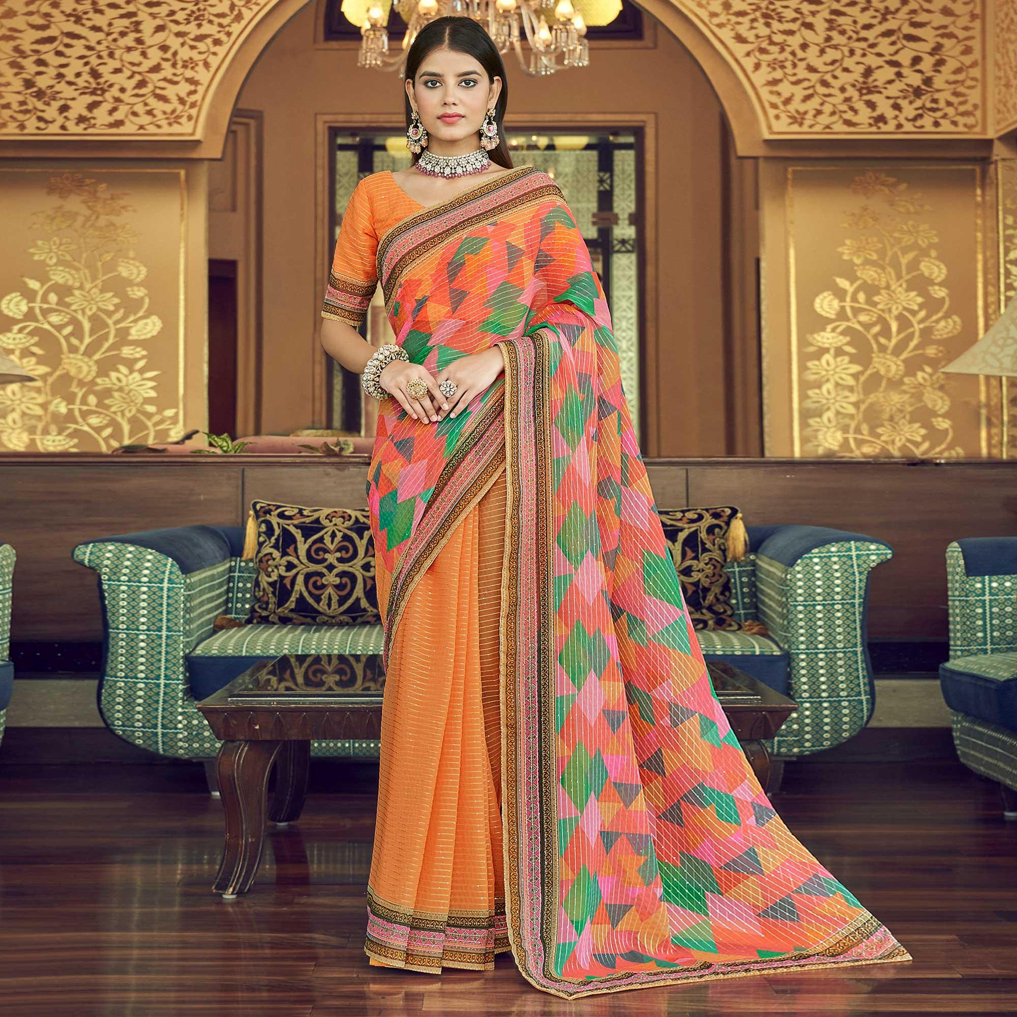 Orange Printed With Embellished Georgette Half and Half Saree - Peachmode