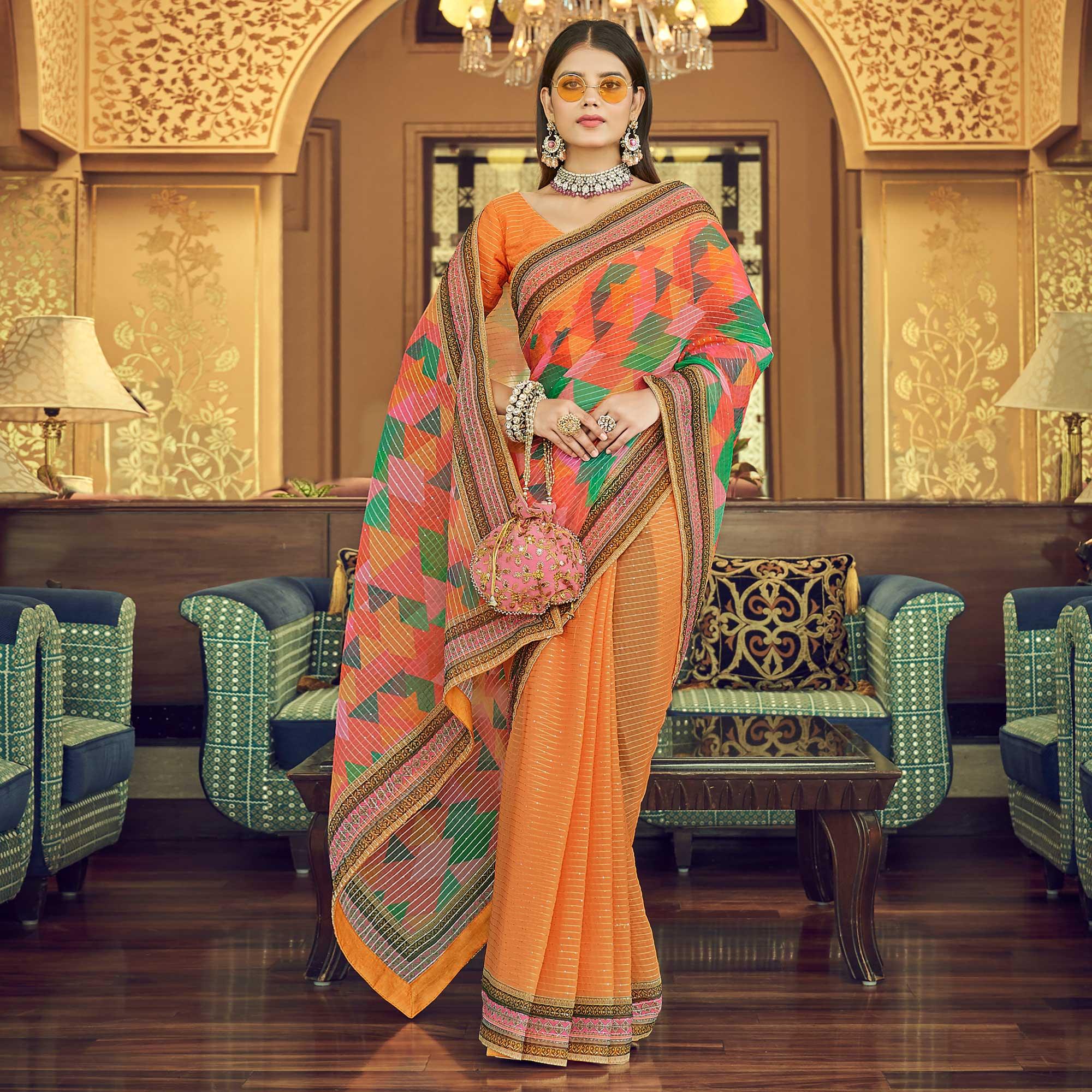 Orange Printed With Embellished Georgette Half and Half Saree - Peachmode