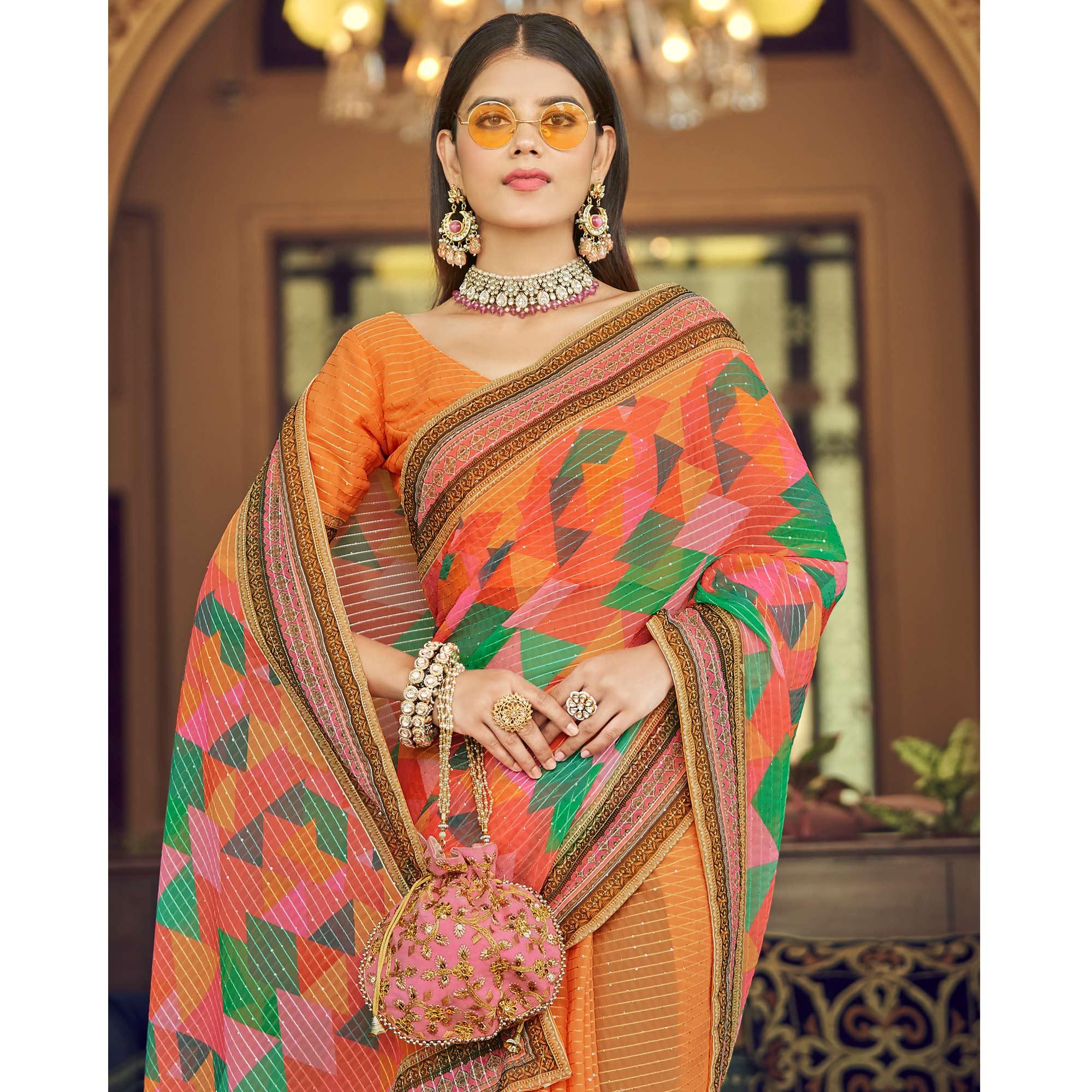 Orange Printed With Embellished Georgette Half and Half Saree - Peachmode