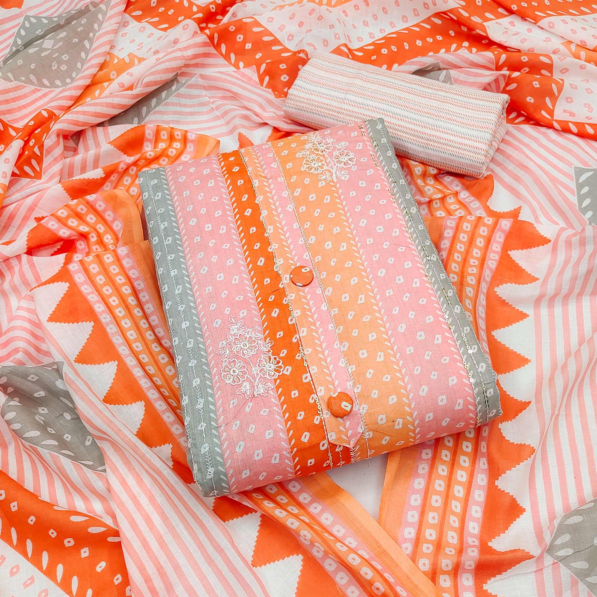 Orange Printed With Floral Embroidered Pure Cotton Dress Material - Peachmode