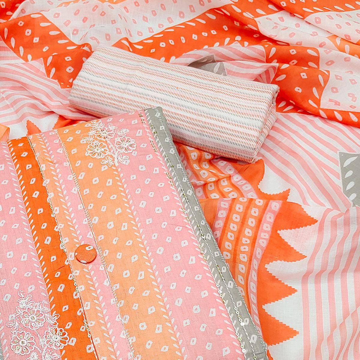 Orange Printed With Floral Embroidered Pure Cotton Dress Material - Peachmode