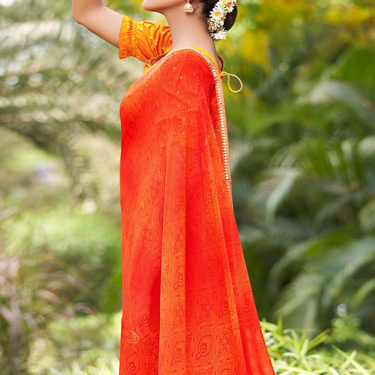 Orange Printed With Sequence Embroidered Border Georgette Saree - Peachmode