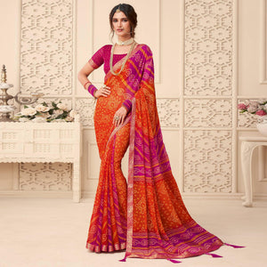 Orange-Purple Bandhani Printed Chiffon Saree With Tassels - Peachmode