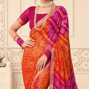 Orange-Purple Bandhani Printed Chiffon Saree With Tassels - Peachmode