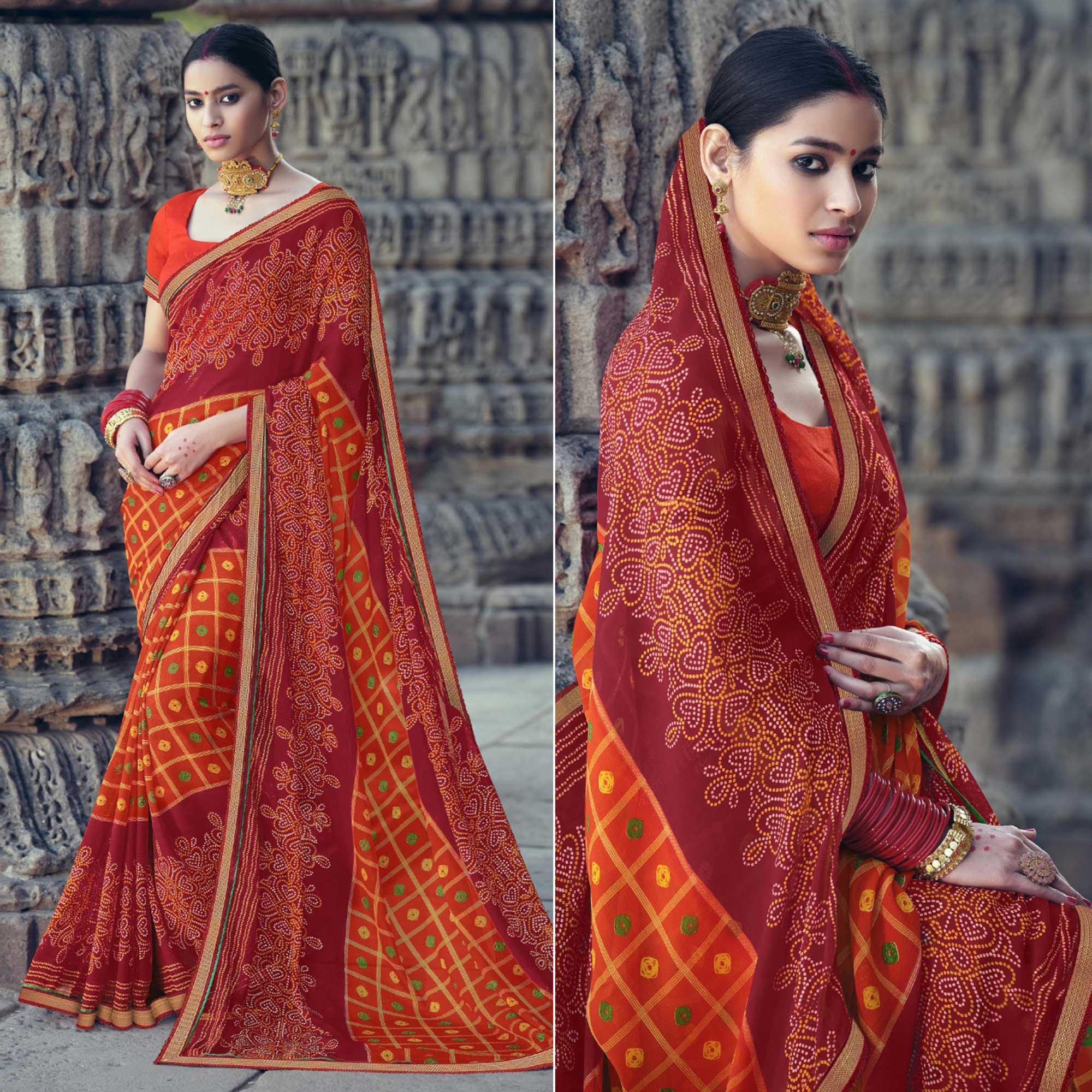 Orange-Red Bandhani Printed With Fancy Border Chiffon Saree - Peachmode