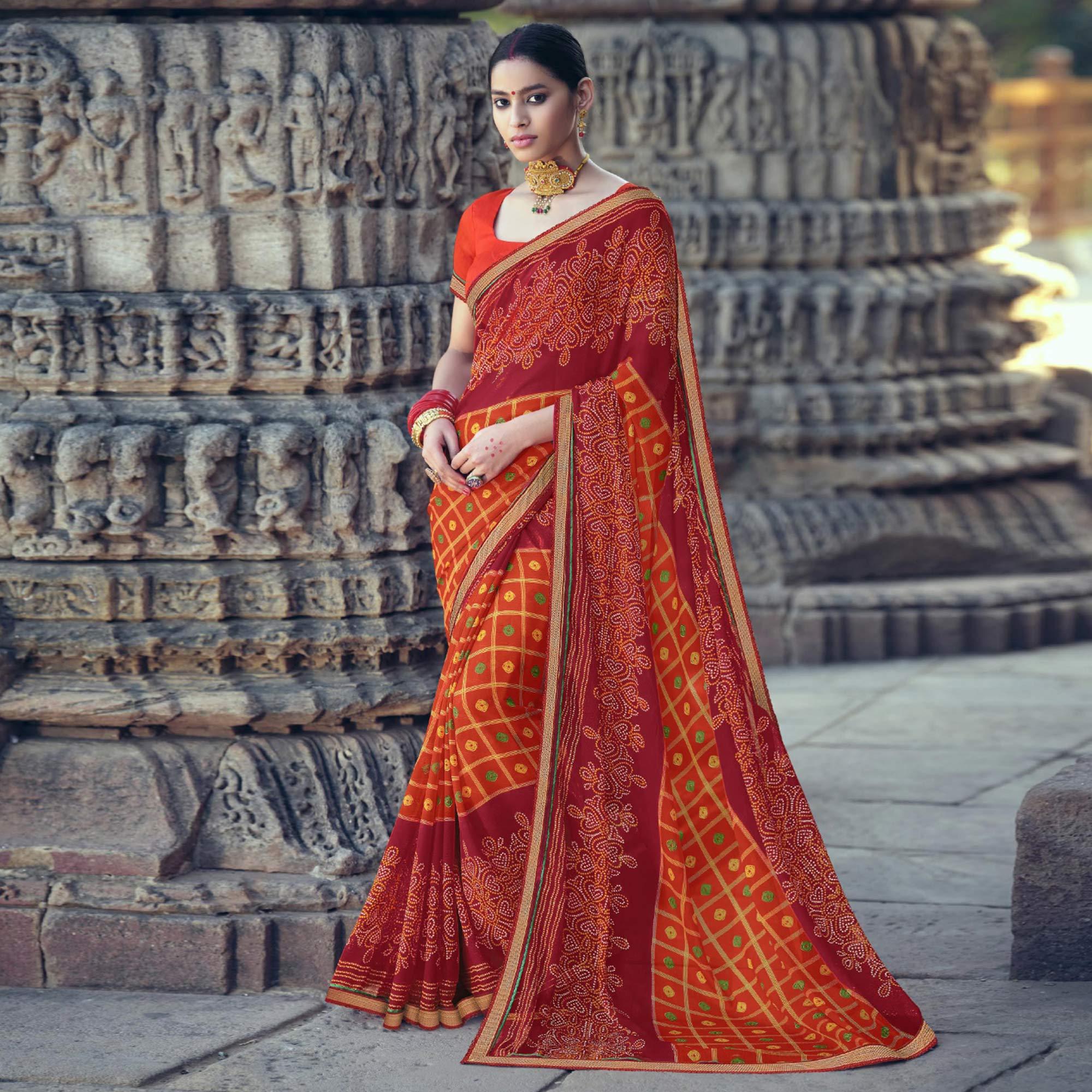 Orange-Red Bandhani Printed With Fancy Border Chiffon Saree - Peachmode