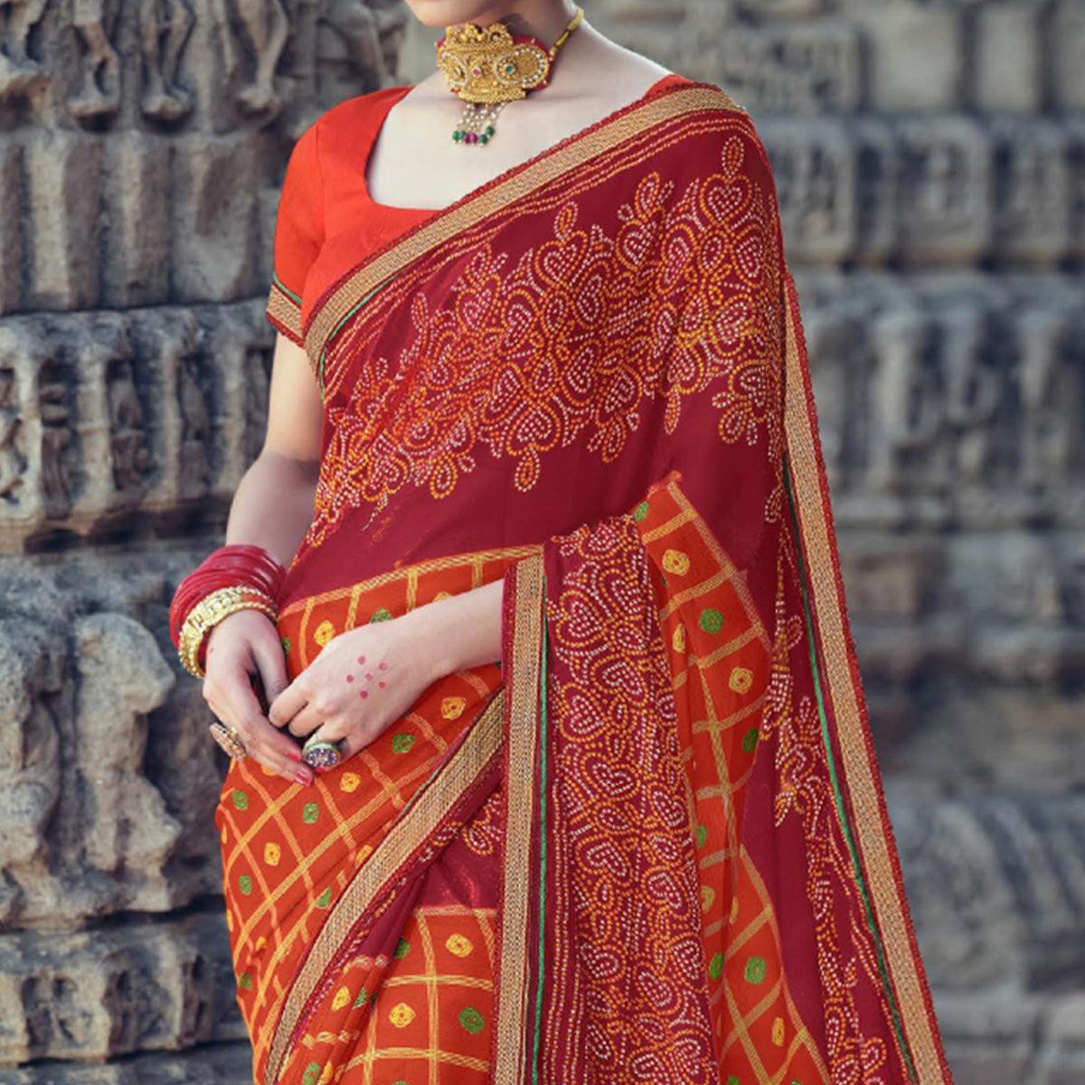 Orange-Red Bandhani Printed With Fancy Border Chiffon Saree - Peachmode