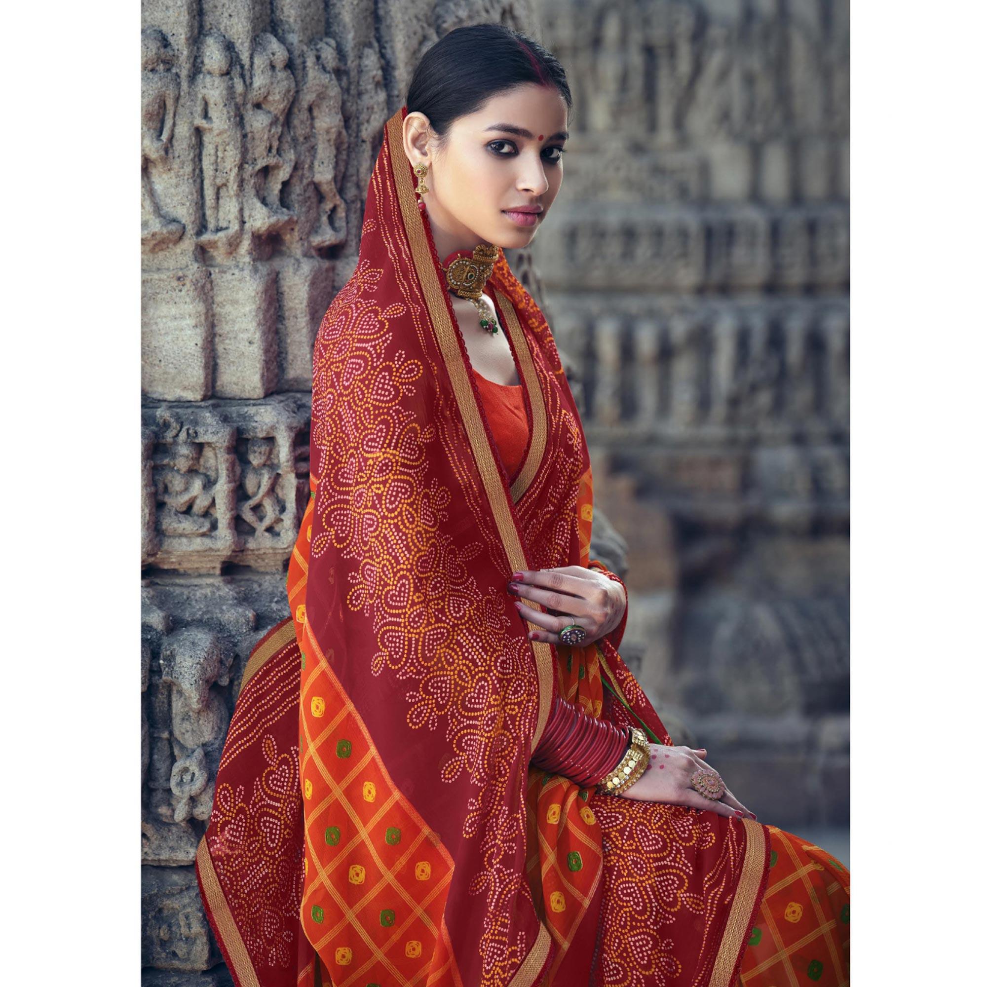 Orange-Red Bandhani Printed With Fancy Border Chiffon Saree - Peachmode