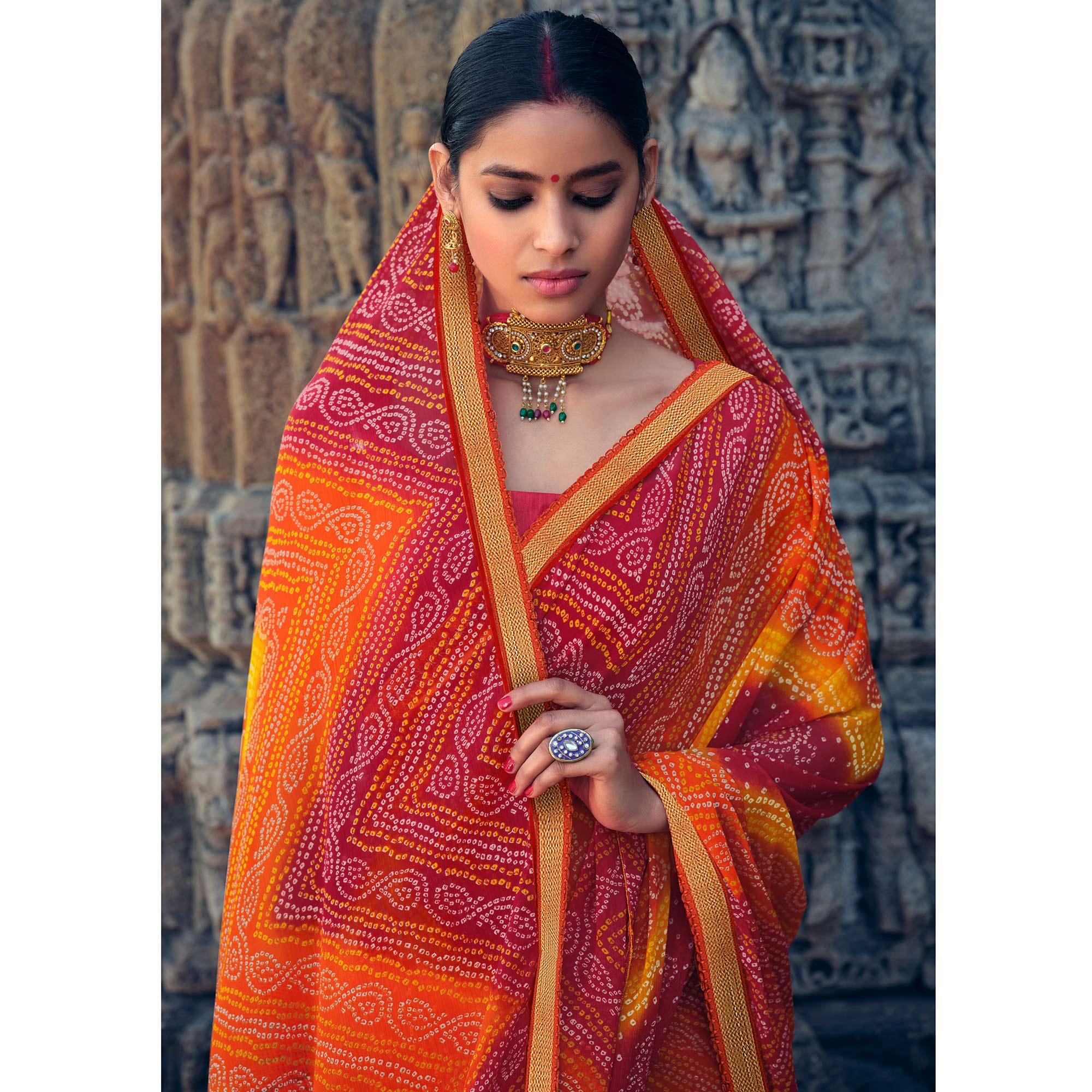 Orange-Red Casual Wear Bandhani Printed Alfino Chiffon Saree - Peachmode