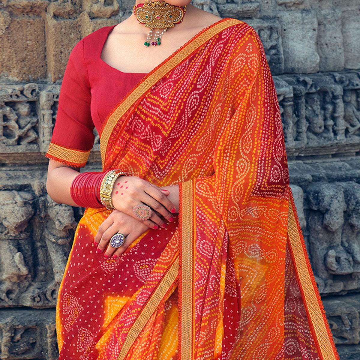 Orange-Red Casual Wear Bandhani Printed Alfino Chiffon Saree - Peachmode
