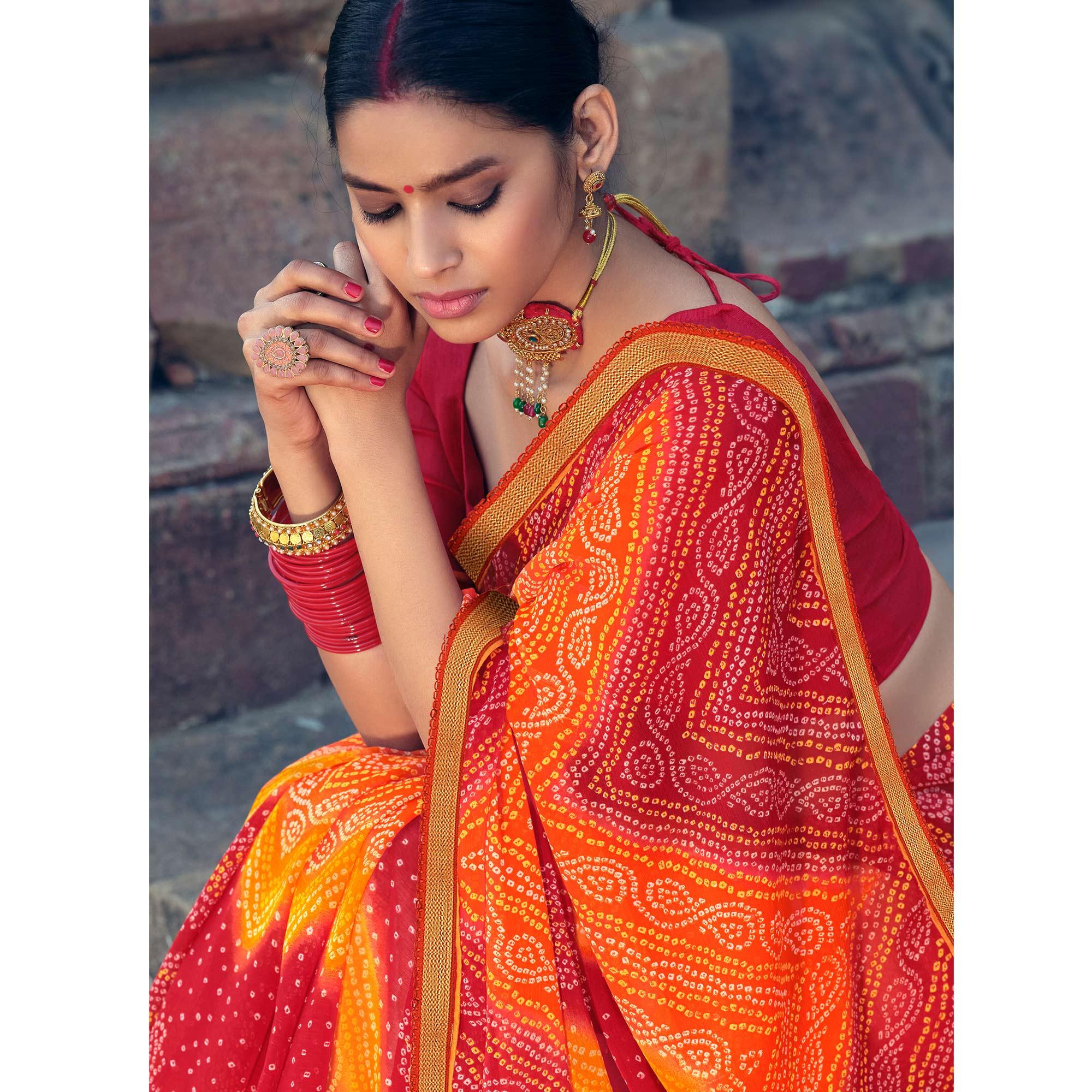 Orange-Red Casual Wear Bandhani Printed Alfino Chiffon Saree - Peachmode