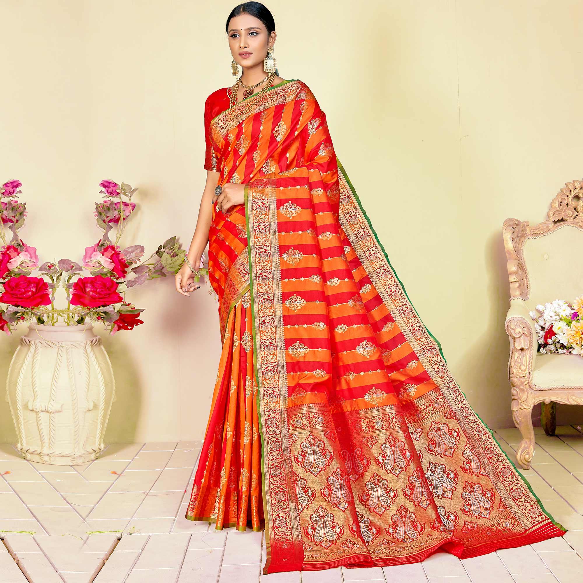 Orange - Red Festive Wear Woven Handloom Paithani Silk Saree - Peachmode