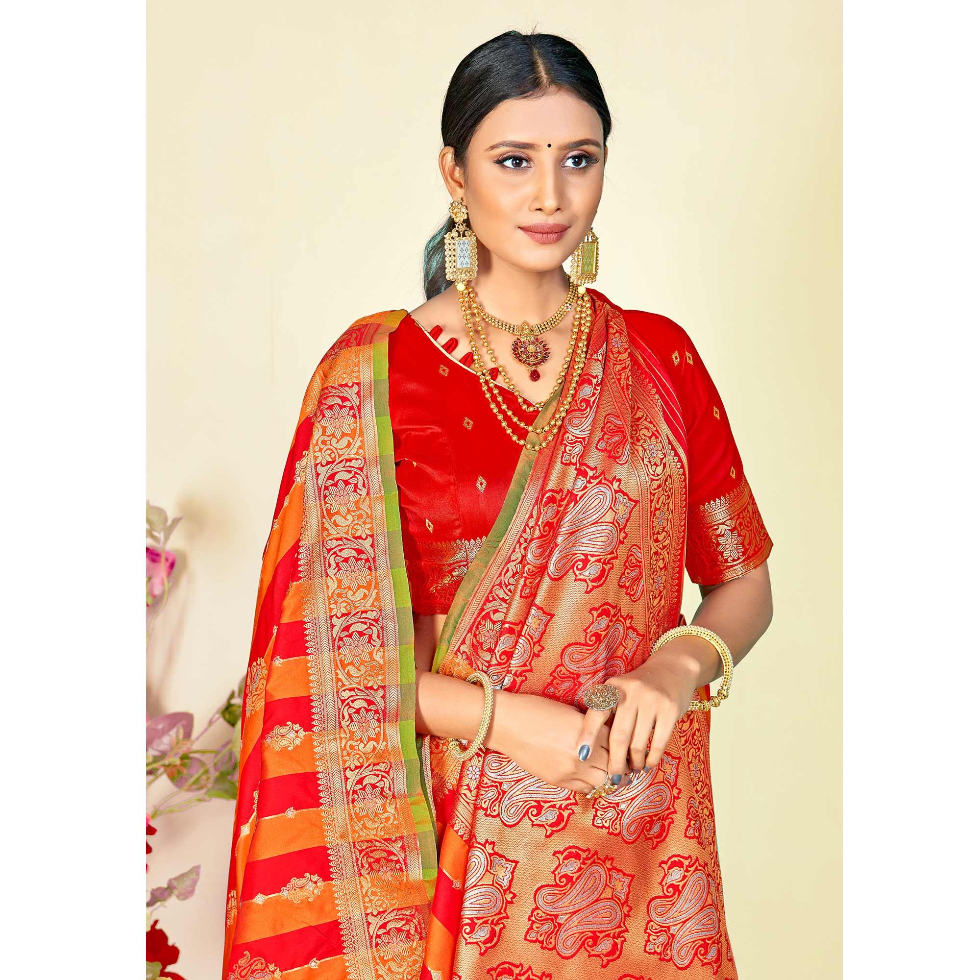 Orange - Red Festive Wear Woven Handloom Paithani Silk Saree - Peachmode