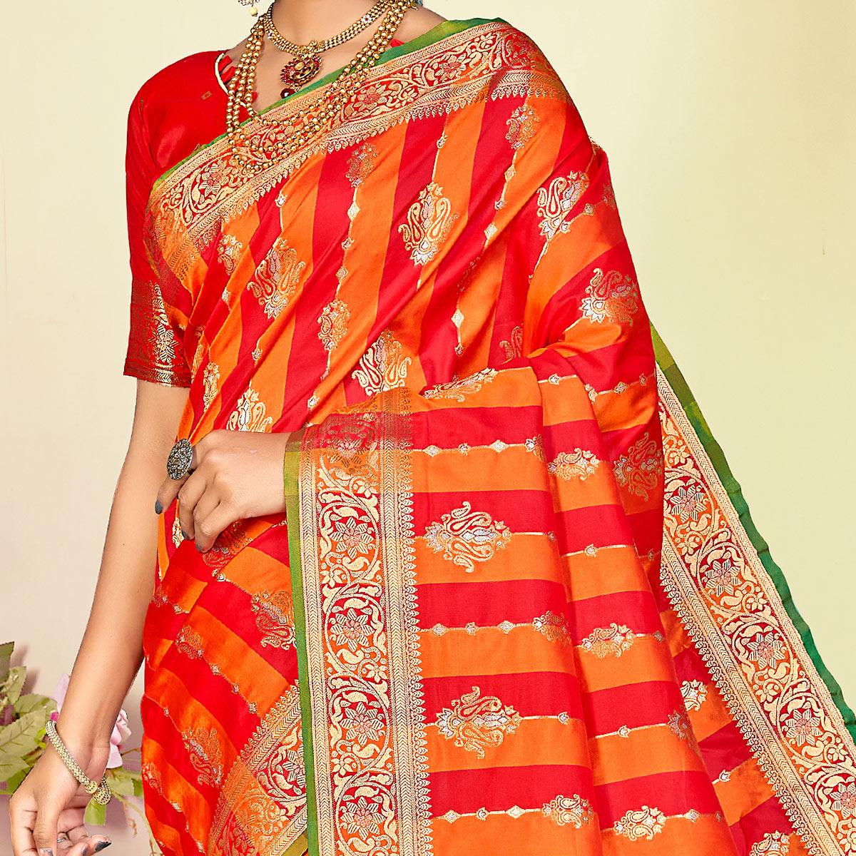 Orange - Red Festive Wear Woven Handloom Paithani Silk Saree - Peachmode