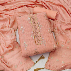 Orange Sequence Embroidered Chanderi Dress Material - Peachmode