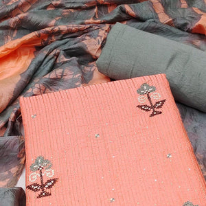Orange Sequence Embroidered Chanderi Dress Material - Peachmode