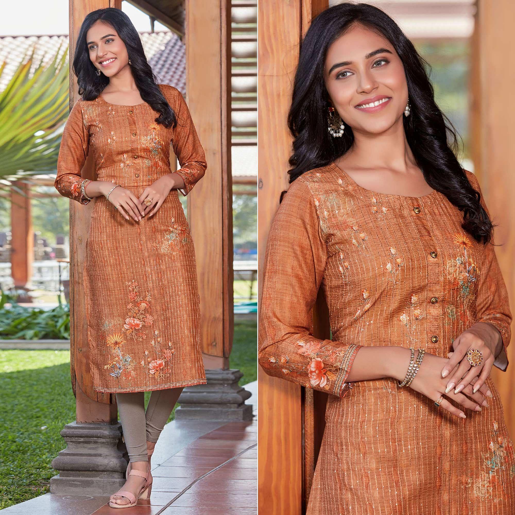 Orange Sequence Embroidered Cotton Silk Kurti - Peachmode
