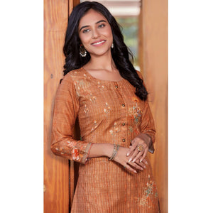 Orange Sequence Embroidered Cotton Silk Kurti - Peachmode