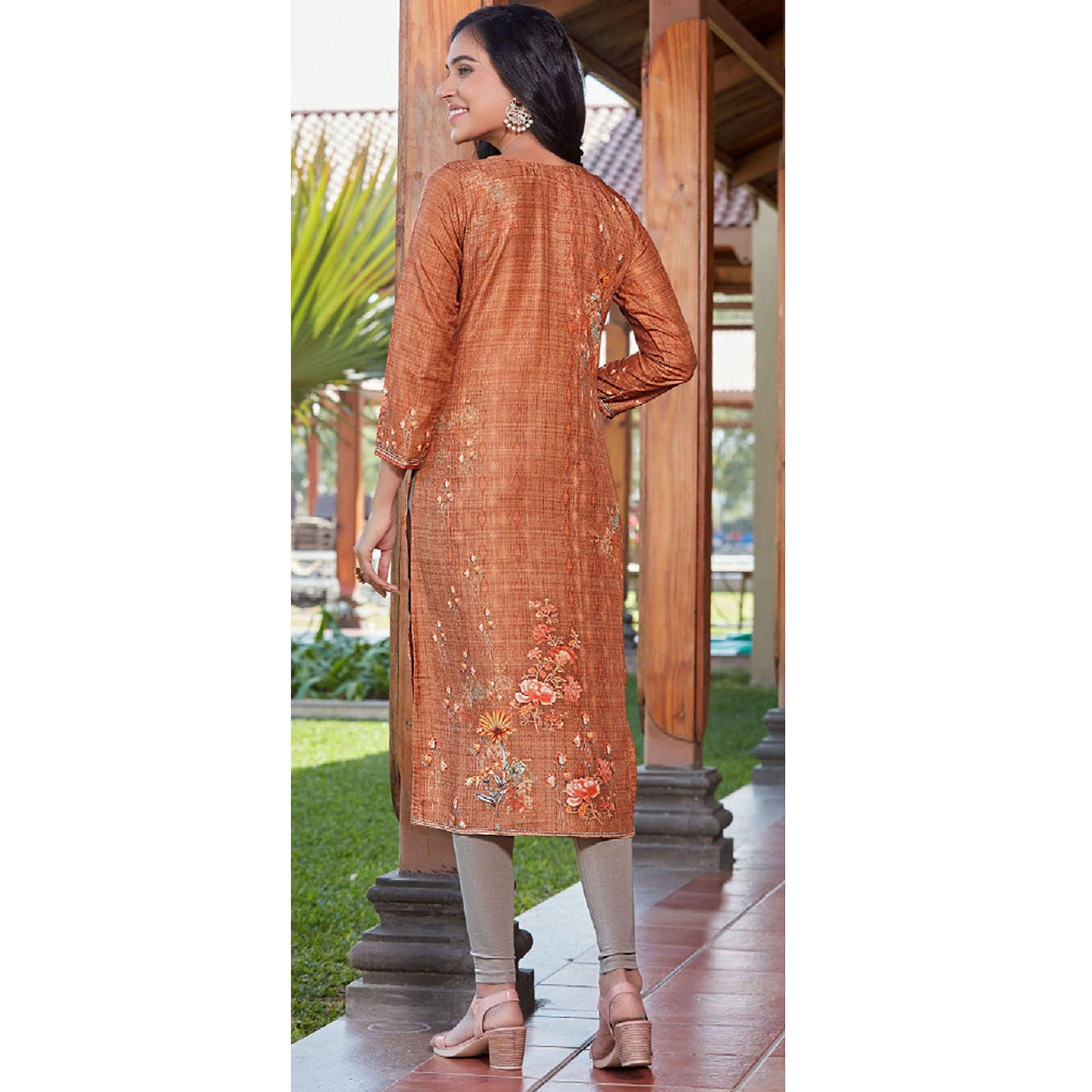 Orange Sequence Embroidered Cotton Silk Kurti - Peachmode