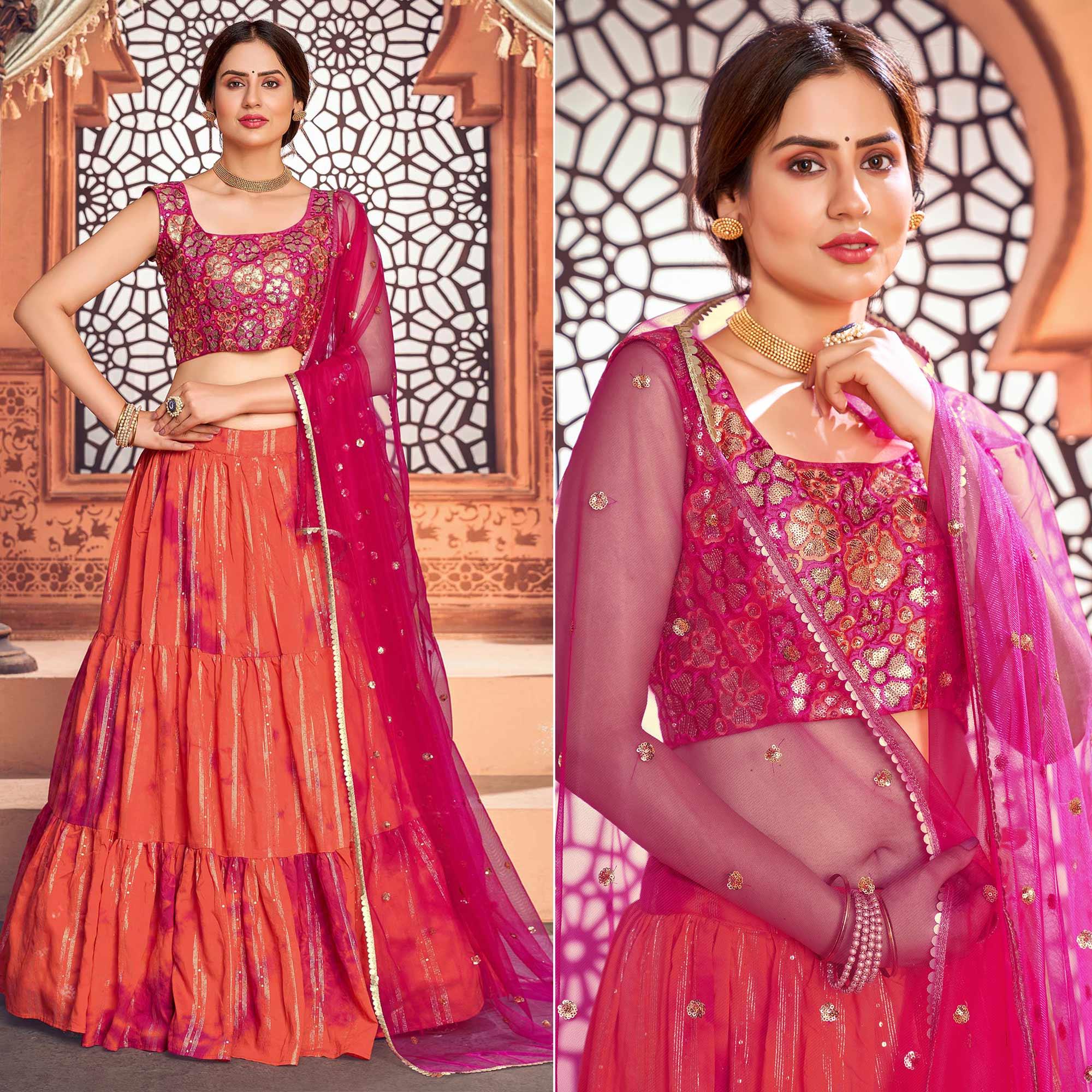 Orange Sequence Embroidered Poly Cotton Lehenga Choli - Peachmode