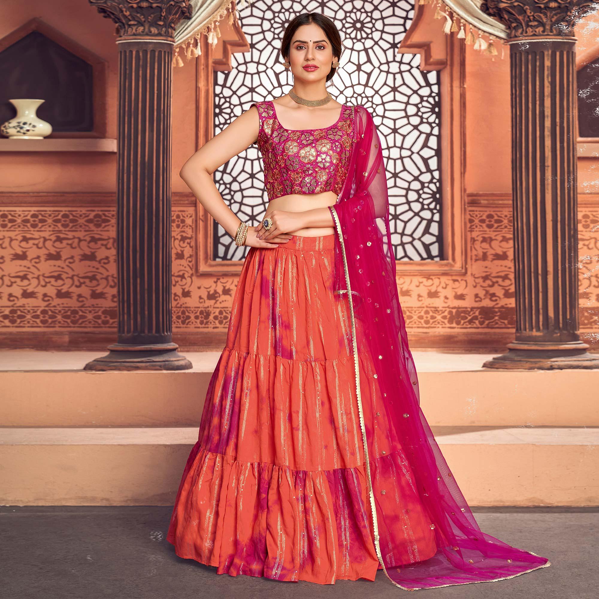 Orange Sequence Embroidered Poly Cotton Lehenga Choli - Peachmode