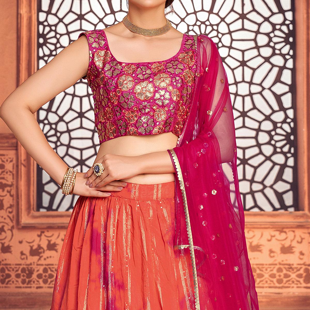 Orange Sequence Embroidered Poly Cotton Lehenga Choli - Peachmode