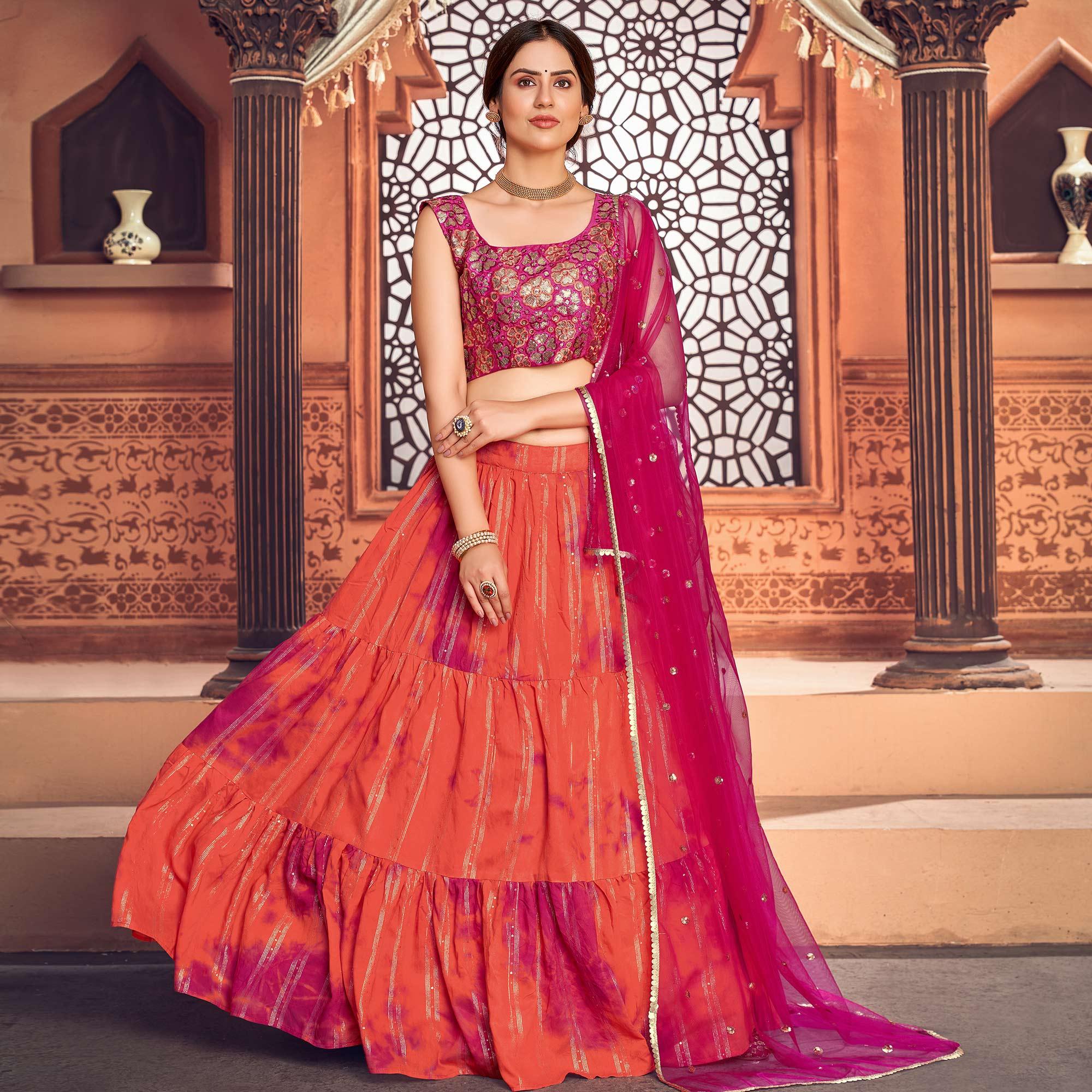 Orange Sequence Embroidered Poly Cotton Lehenga Choli - Peachmode