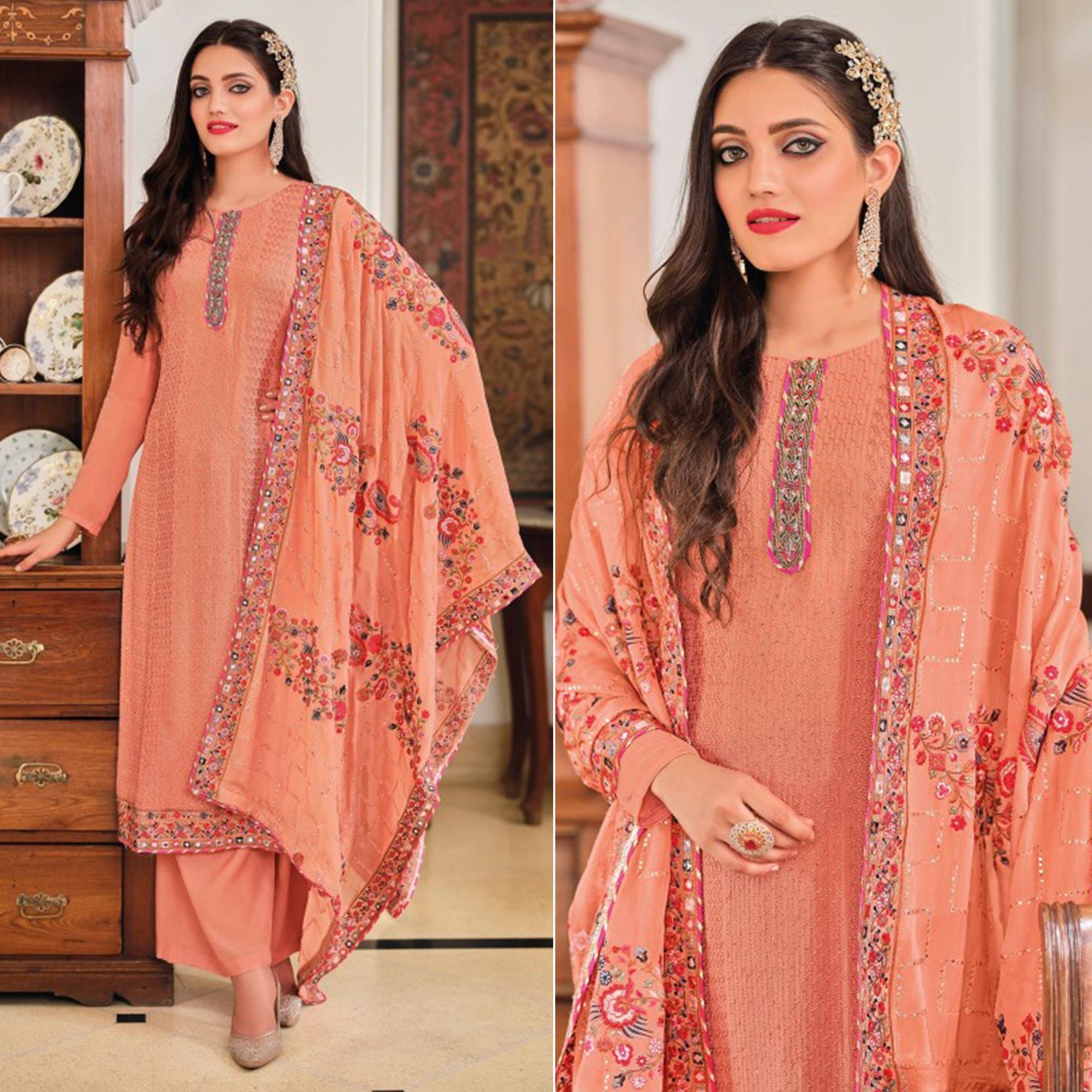 Orange Sequence Embroidered With Mirror Work Georgette Palazzo Suit - Peachmode