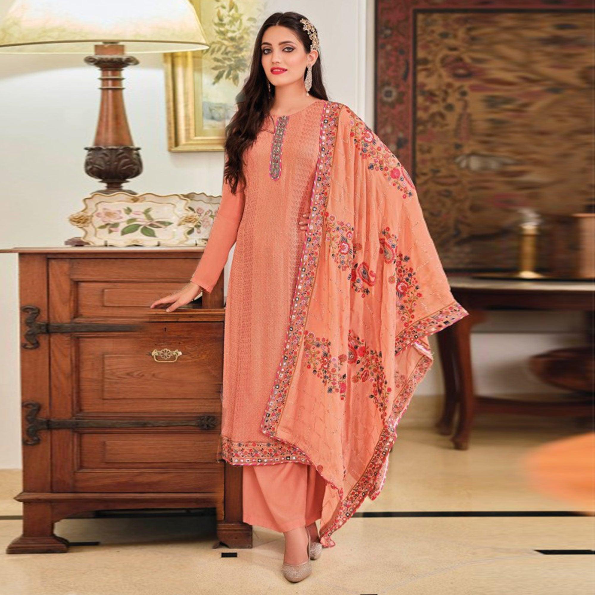 Orange Sequence Embroidered With Mirror Work Georgette Palazzo Suit - Peachmode