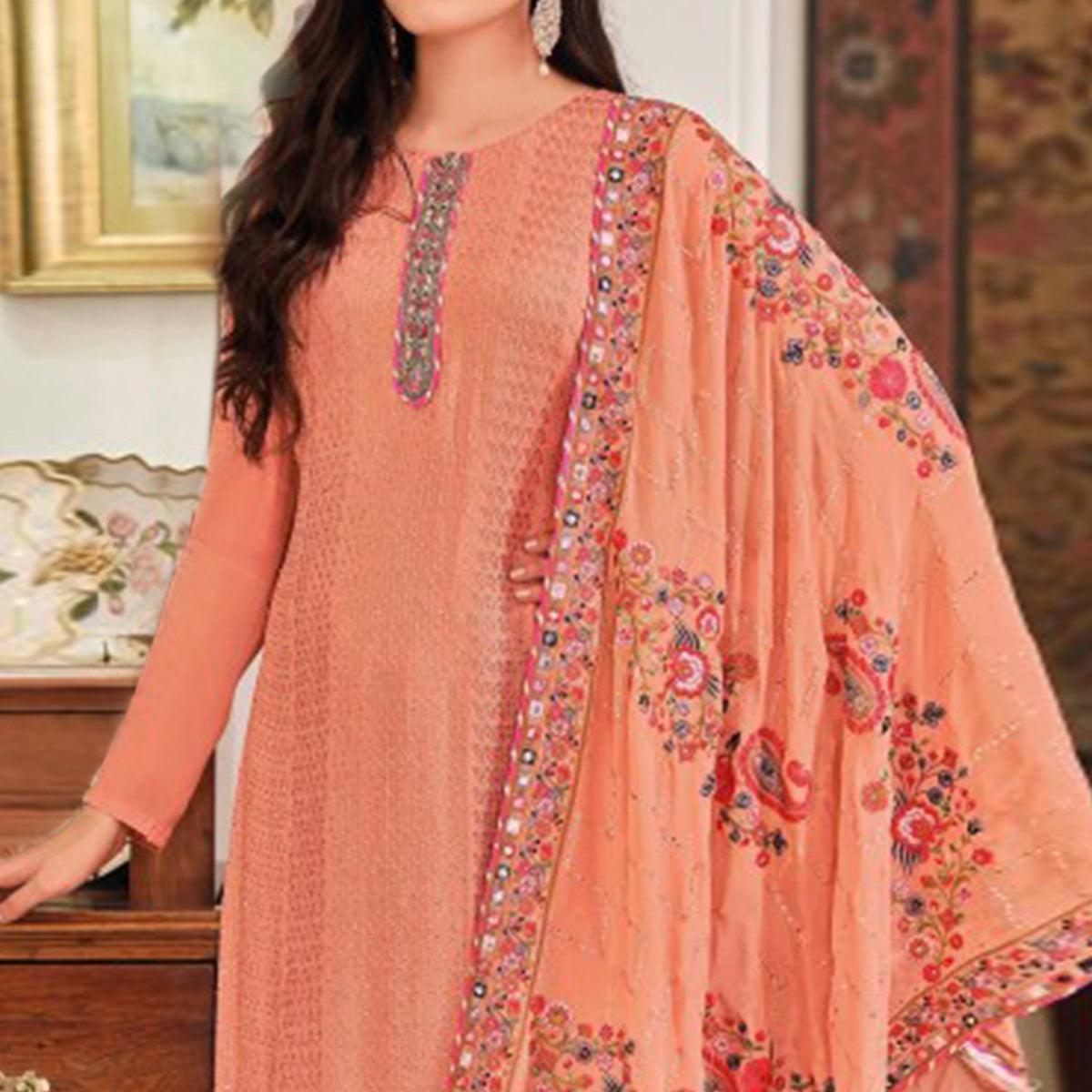 Orange Sequence Embroidered With Mirror Work Georgette Palazzo Suit - Peachmode