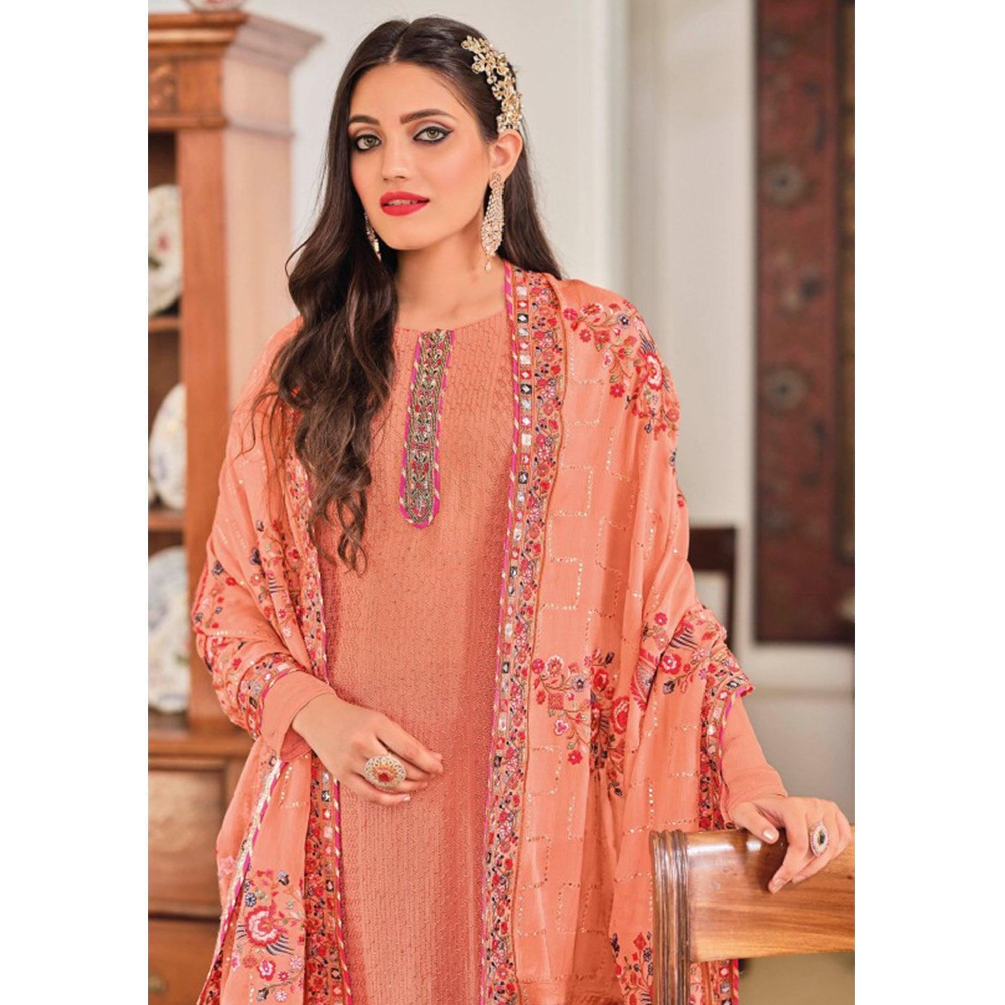 Orange Sequence Embroidered With Mirror Work Georgette Palazzo Suit - Peachmode