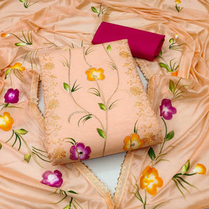 Orange Sequence Floral Embroidered Pure Cotton Dress Material - Peachmode