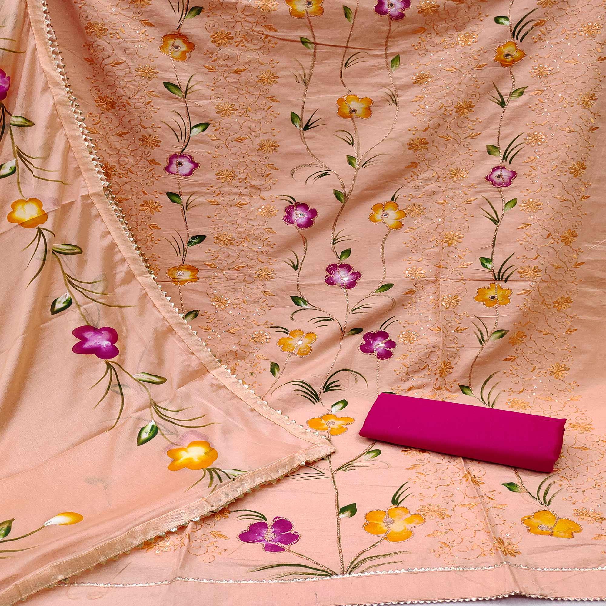 Orange Sequence Floral Embroidered Pure Cotton Dress Material - Peachmode
