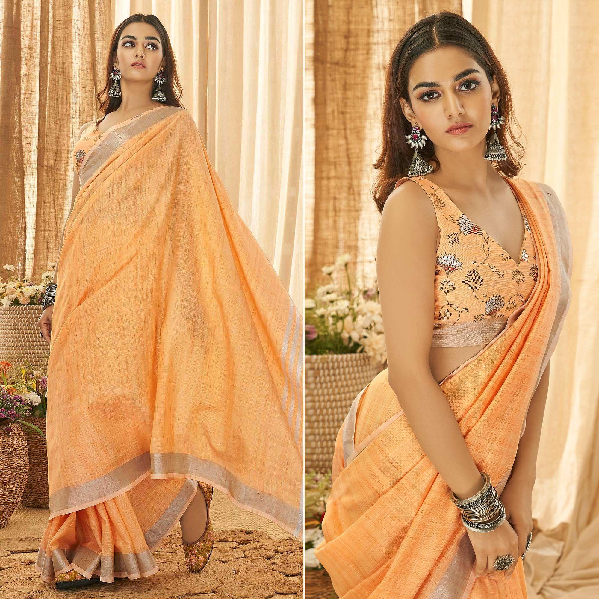 Orange Solid Linen Saree - Peachmode