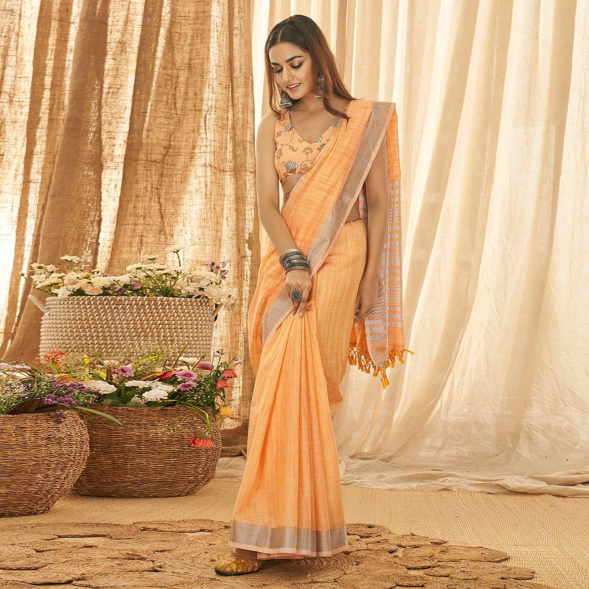 Orange Solid Linen Saree - Peachmode