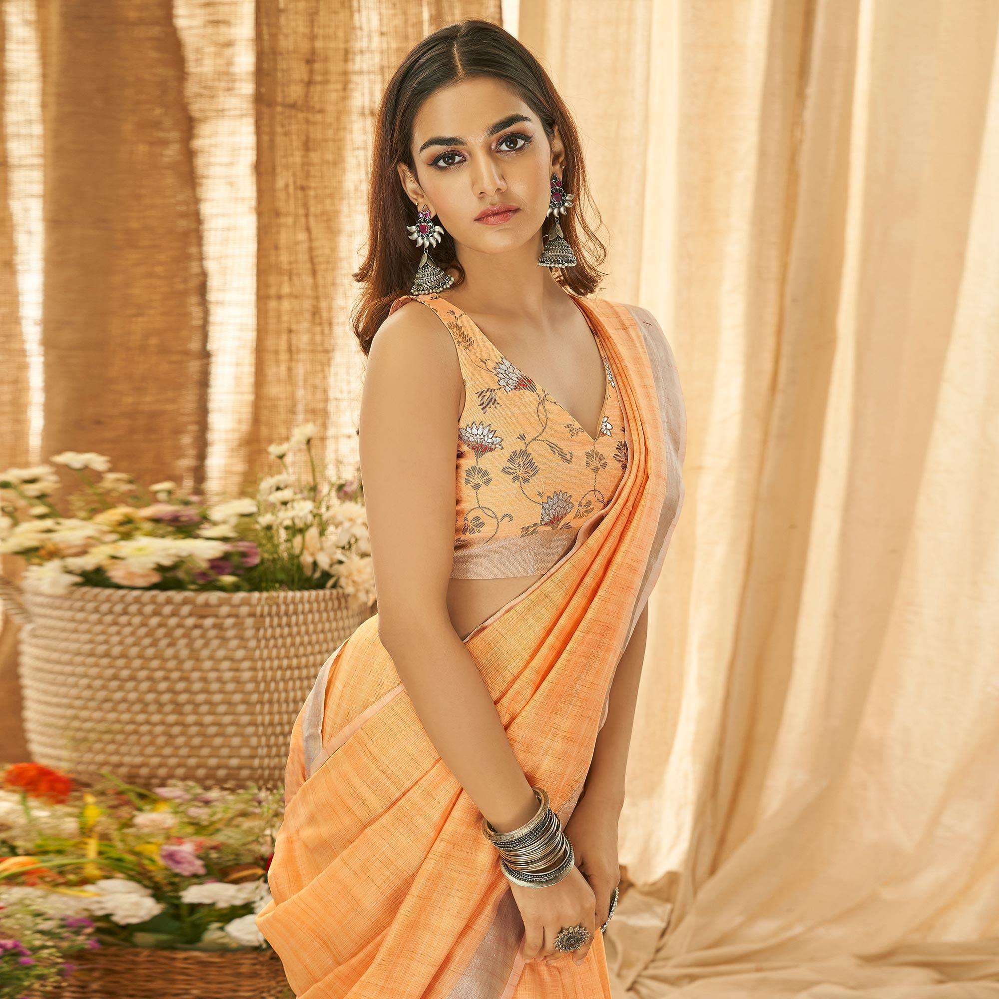 Orange Solid Linen Saree - Peachmode