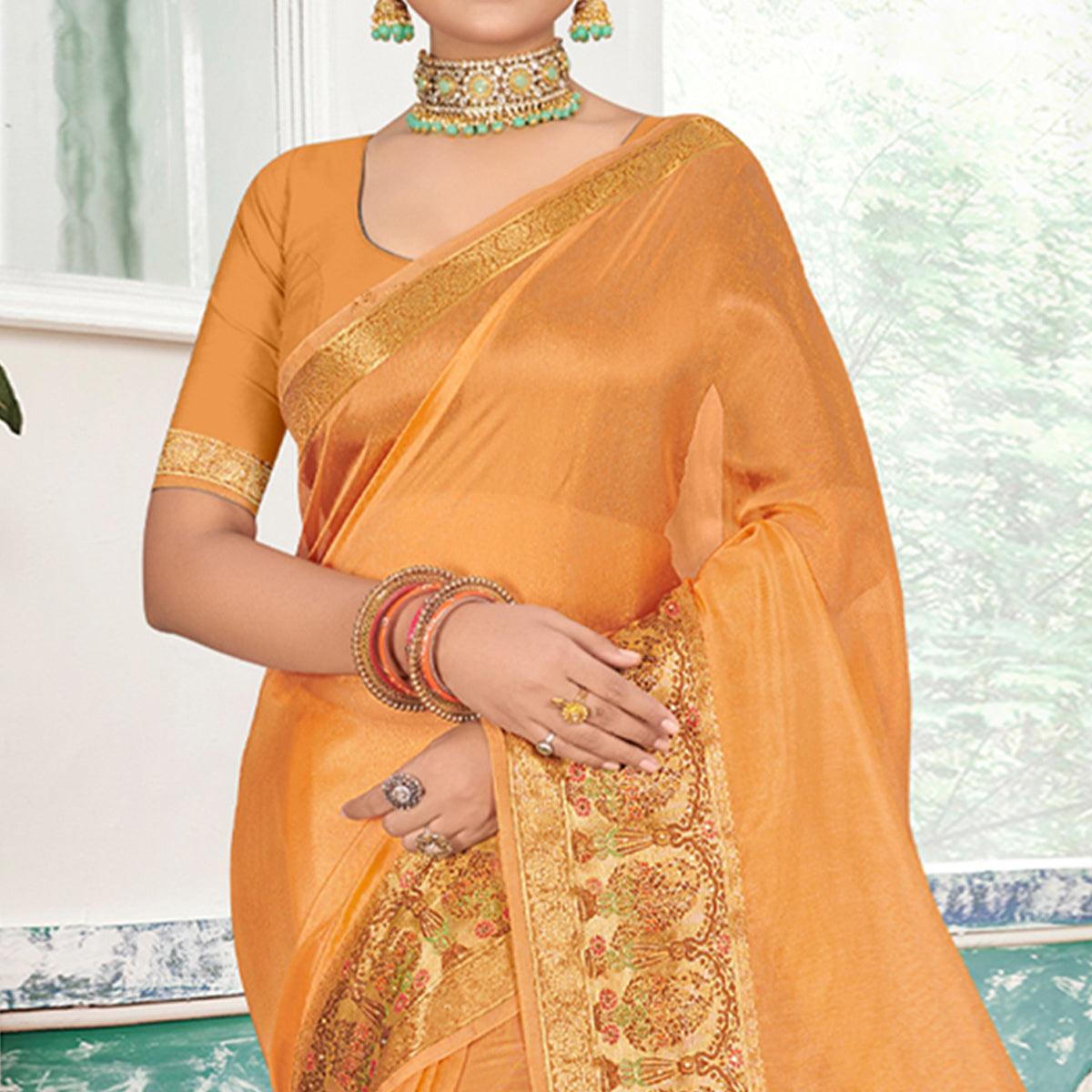Orange Solid Organza Saree - Peachmode