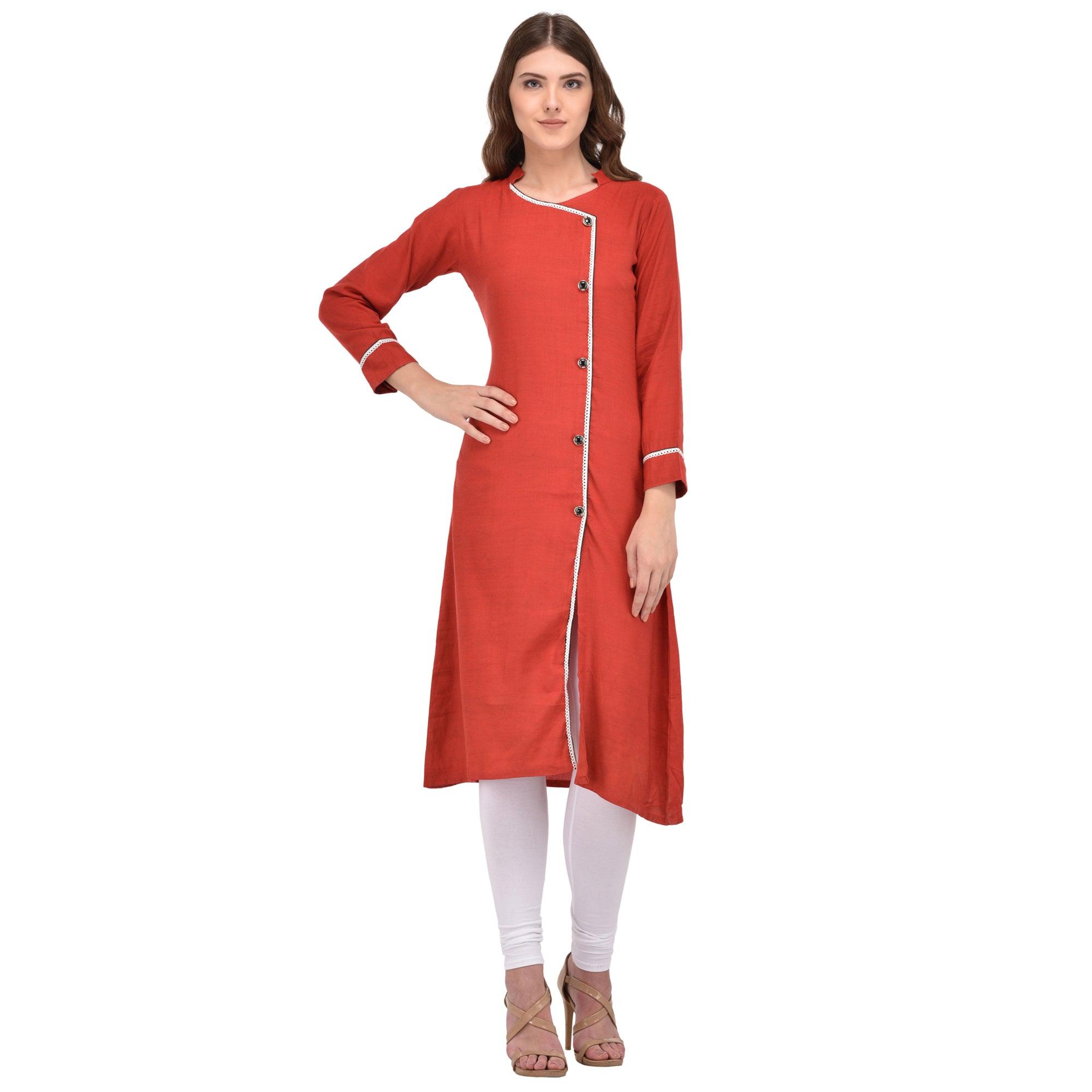 Orange Solid Rayon Kurti - Peachmode