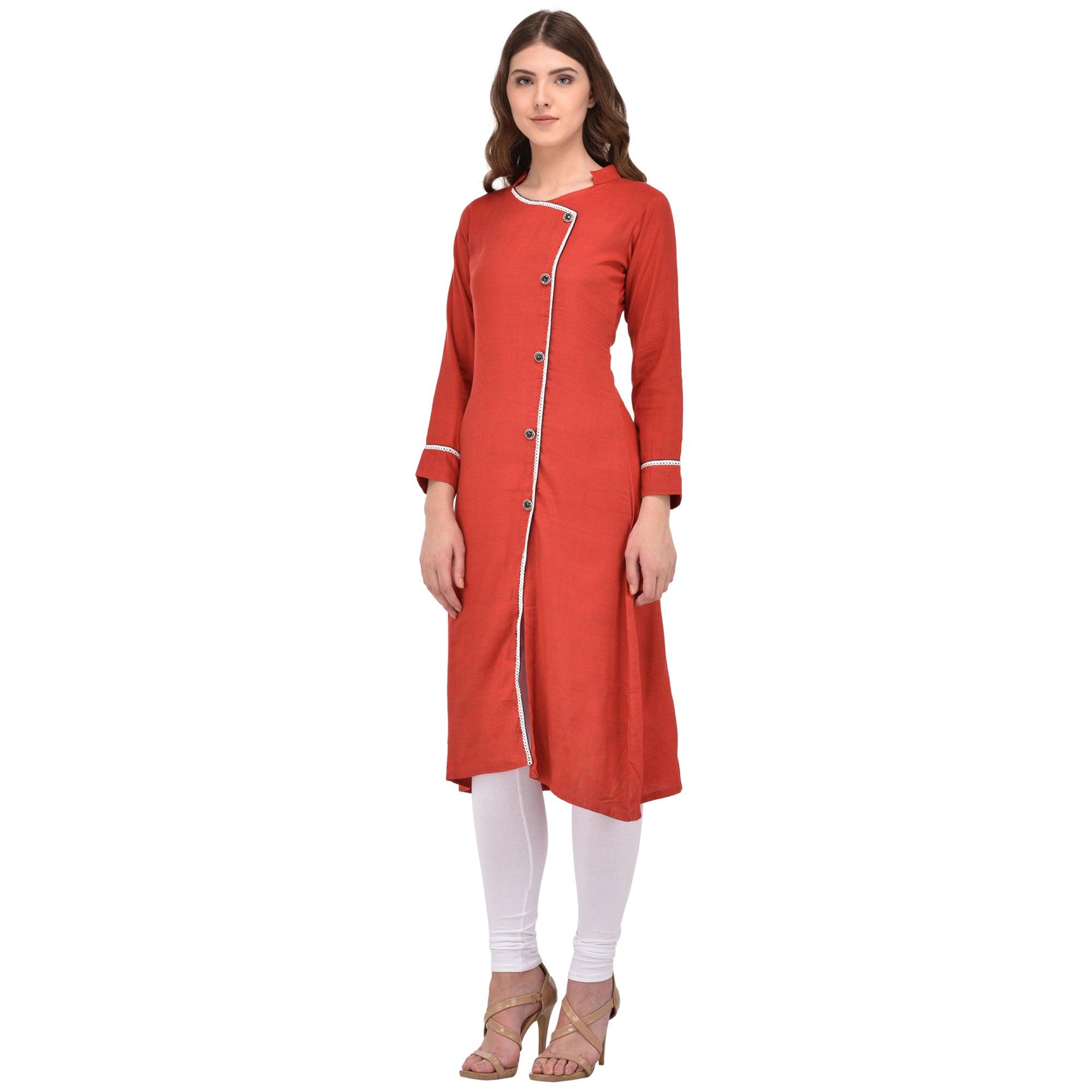 Orange Solid Rayon Kurti - Peachmode