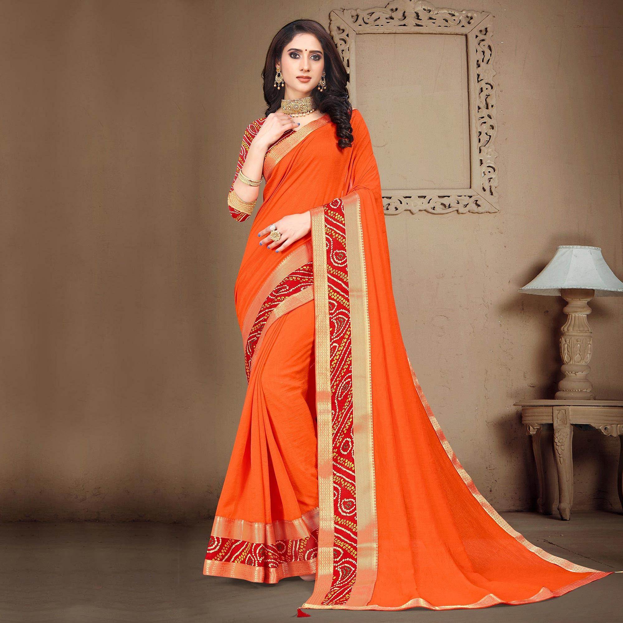 Orange Solid Vichitra Silk Saree - Peachmode