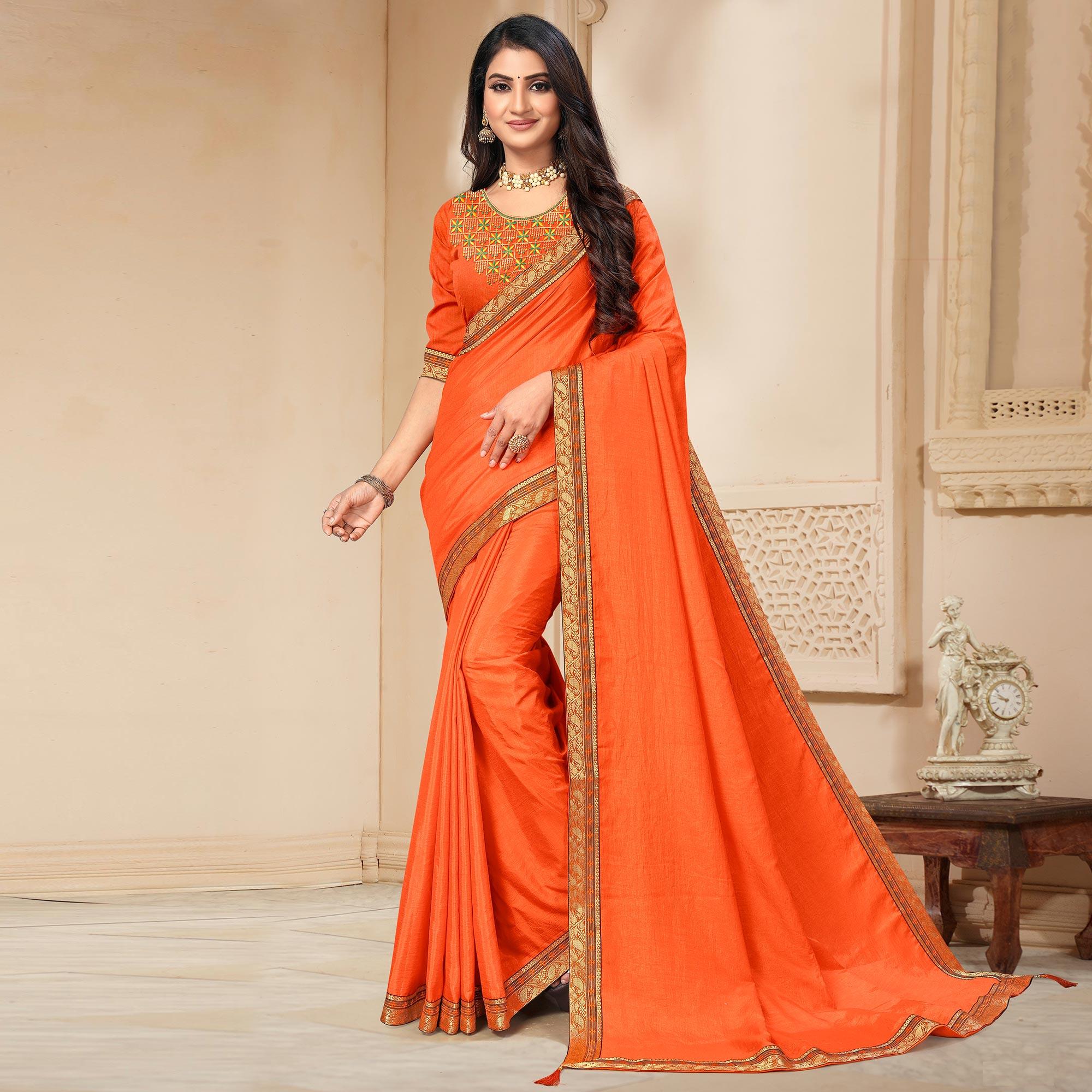 Orange Solid Vichitra Silk Saree - Peachmode