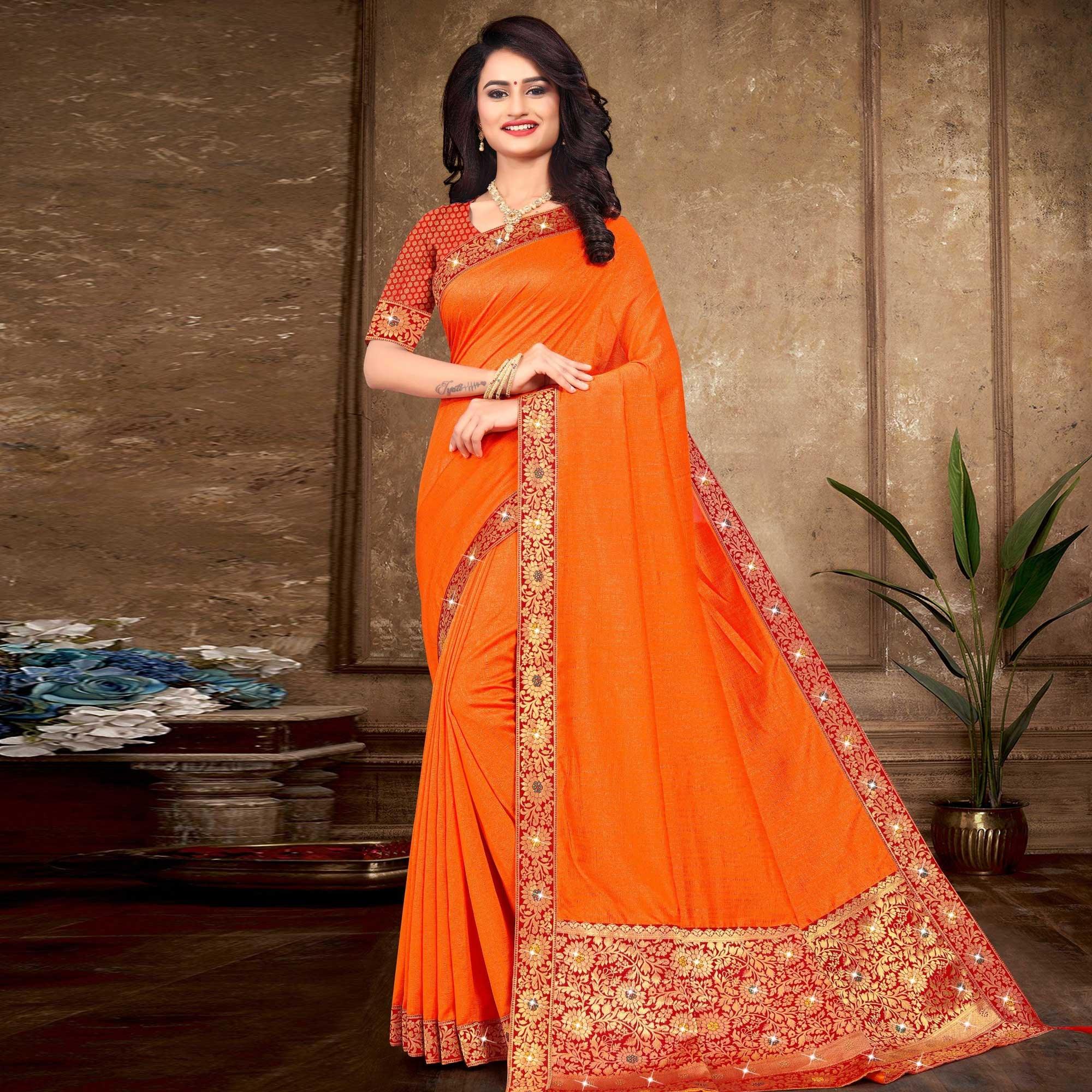 Orange Solid Vichitra Silk Saree - Peachmode