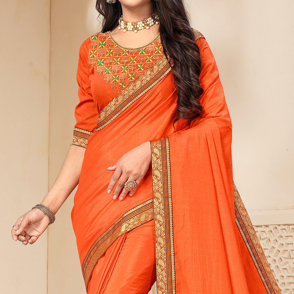 Orange Solid Vichitra Silk Saree - Peachmode