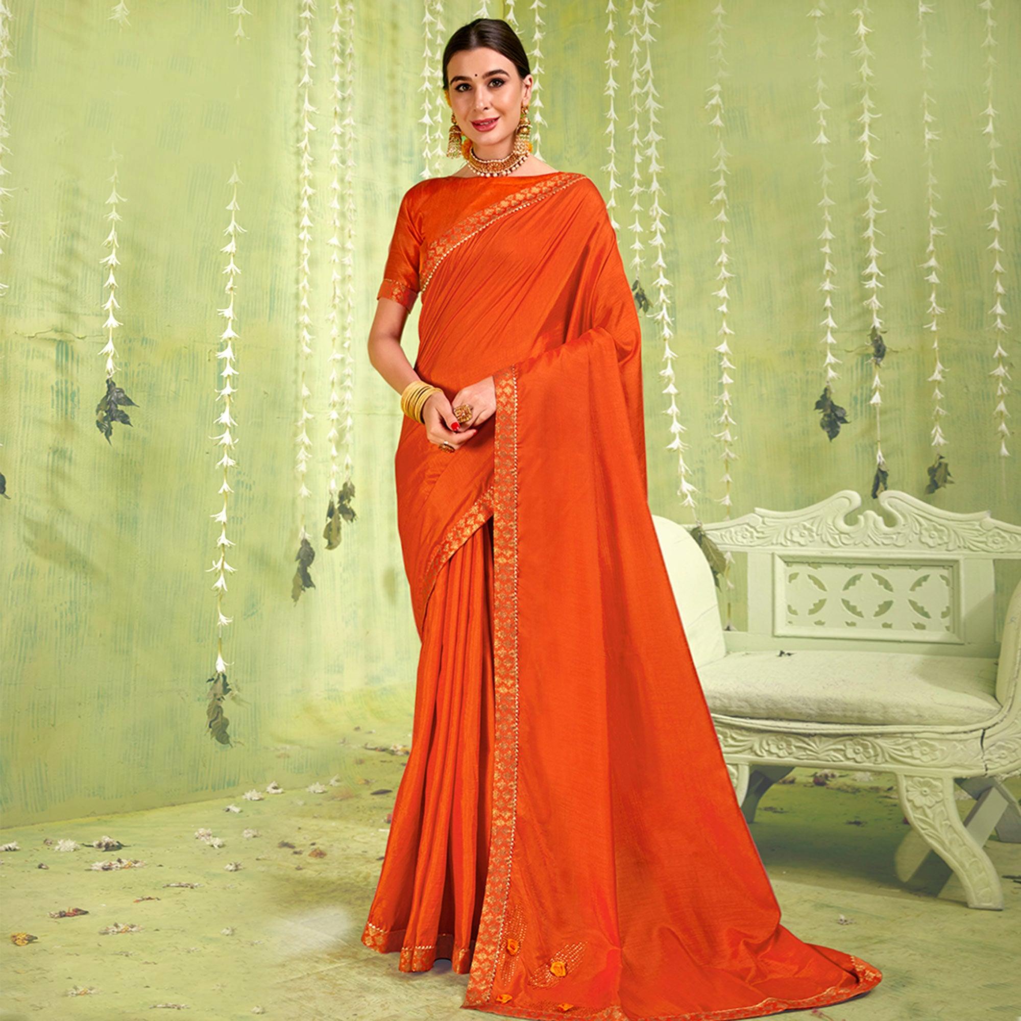 Orange Solid With Fancy Border Vichitra Silk Saree - Peachmode