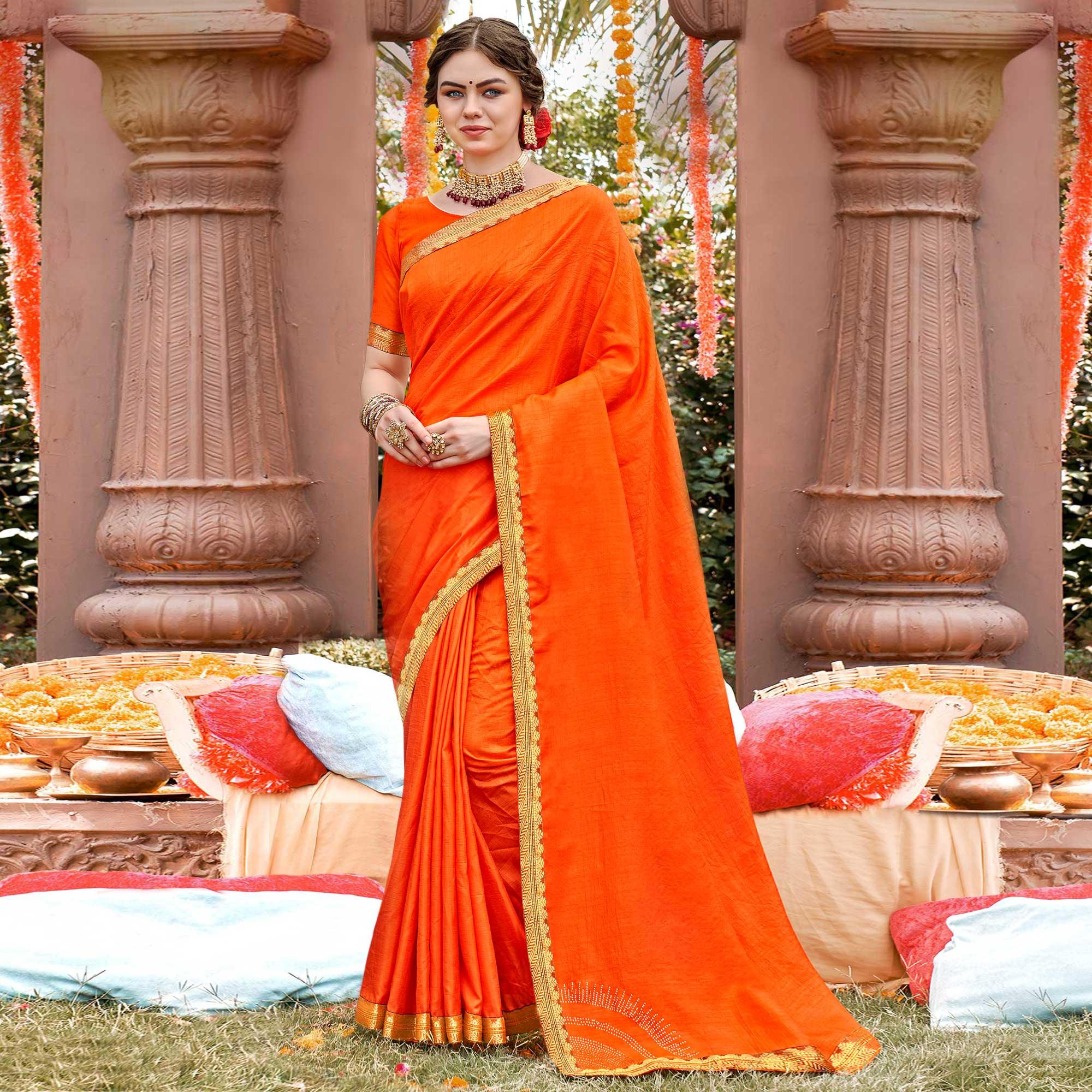 Orange Solid With Fancy Border Vichitra Silk Saree - Peachmode