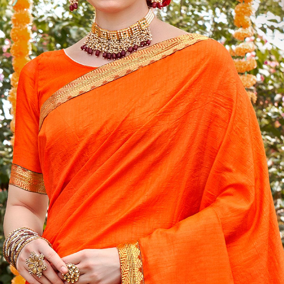 Orange Solid With Fancy Border Vichitra Silk Saree - Peachmode