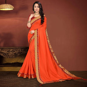 Orange Solid With Fancy Border Work Vichitra Silk Saree - Peachmode